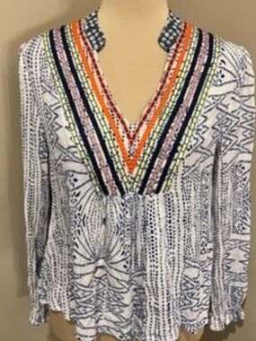 THML Creamy White Printed V-Neck Tunic with Multicolor Trim